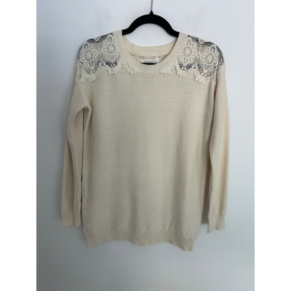 Forever 21‎ Womens Cream Crochet Lace Shoulder Knit Sweater Crew Neck Small